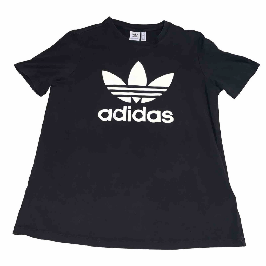 Adidas Originals Trefoil logo on black t-shirt, front view