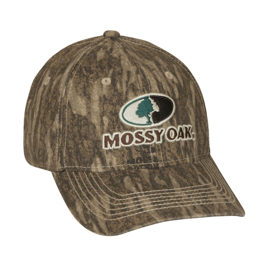 Camo Mossy Oak cap featuring the iconic oak leaf logo embroidered on the front
