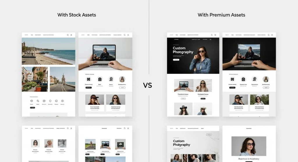 Grid showing same design concept with stock vs. premium assets
