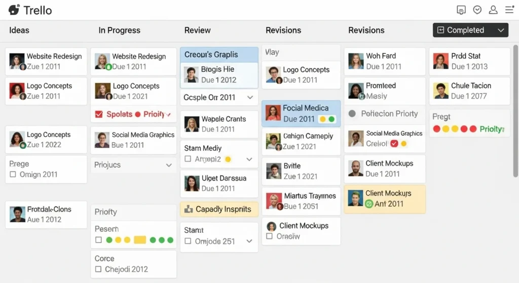 Screenshot of a typical designer's Trello board showing project stages