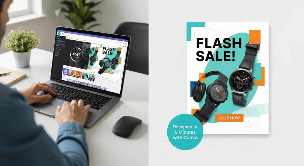 Split-screen showing a social media graphic created in 5 minutes with Canva