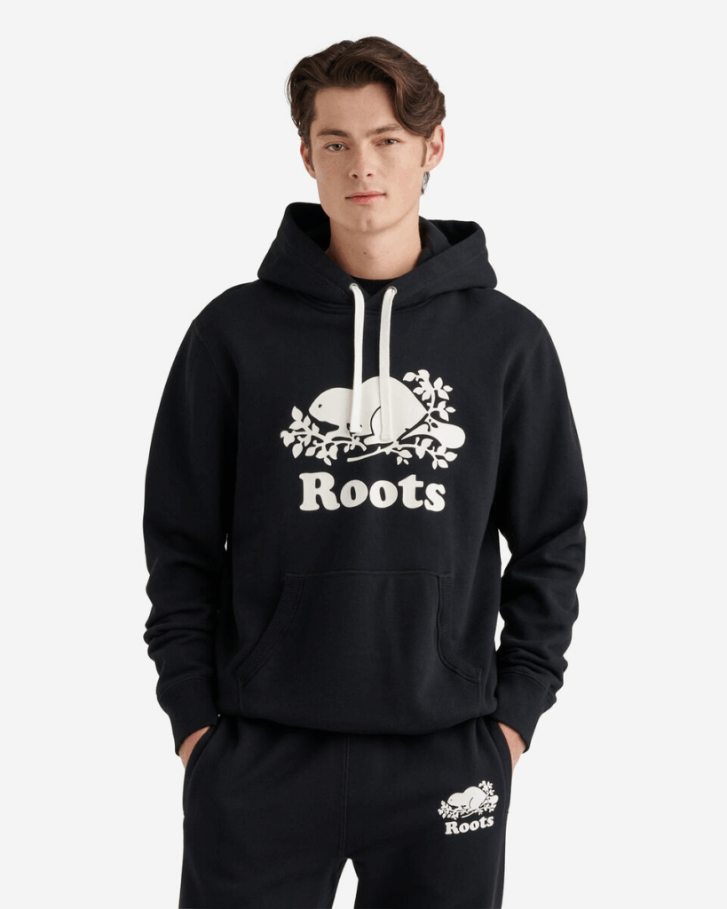 Black Roots hoodie and sweatpants featuring the signature beaver logo and brand name