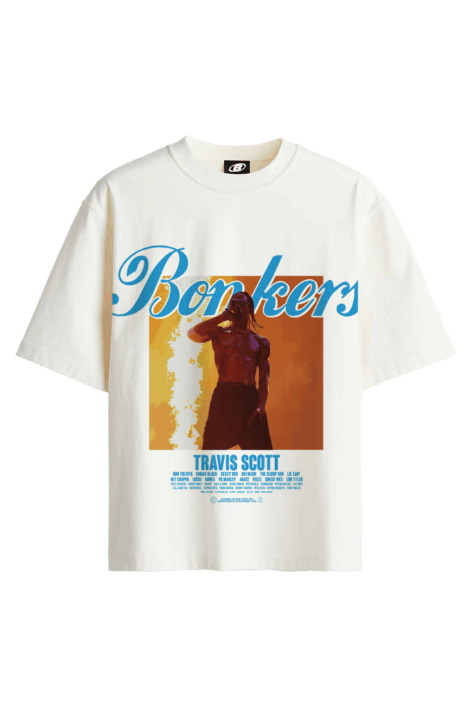 White oversized men's t-shirt featuring a graphic Travis Scott photo and the word 'Bonkers' in blue script, exemplifying 2025's streetwear trend
