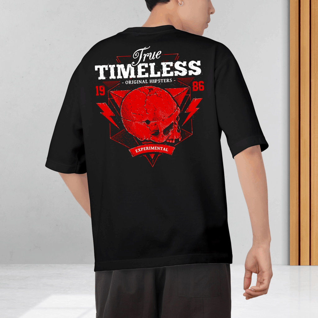 Black oversized men's t-shirt with a vintage-inspired timeless skull graphic and experimental design elements