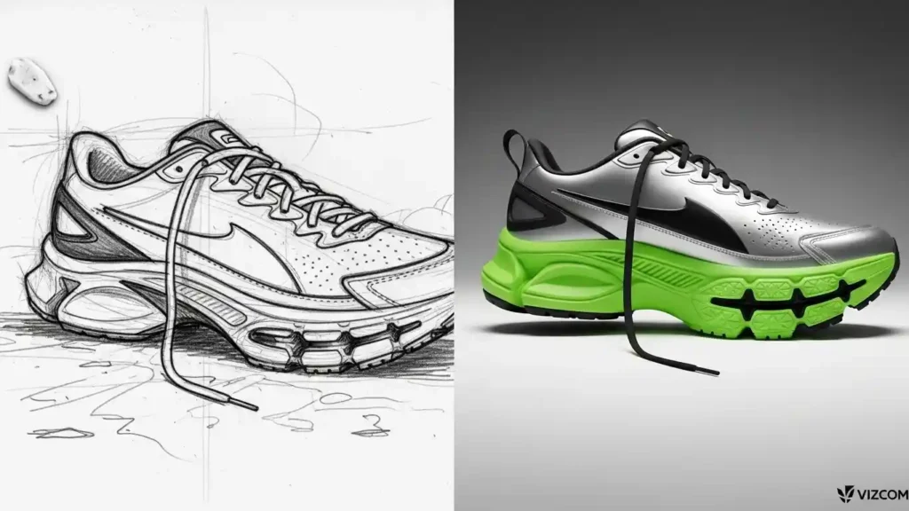 Vizcom AI turning a rough pencil sketch into a 3D product render.