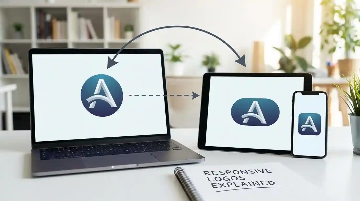 A laptop, tablet, and smartphone displaying adaptive variations of a responsive logo alongside a notebook titled Responsive Logos Explained
