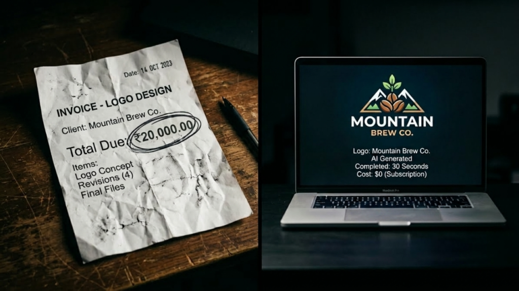 Small business owner comparing AI logo design costs versus hiring a freelance designer