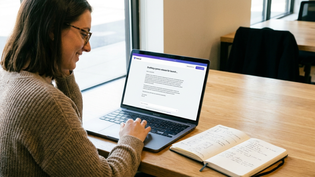 A founder at a laptop with a visible AI writing tool interface and a notebook beside it, natural lighting, no overlay text